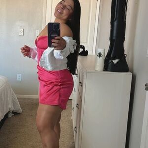 Pink Strapless Dress with White Jacket